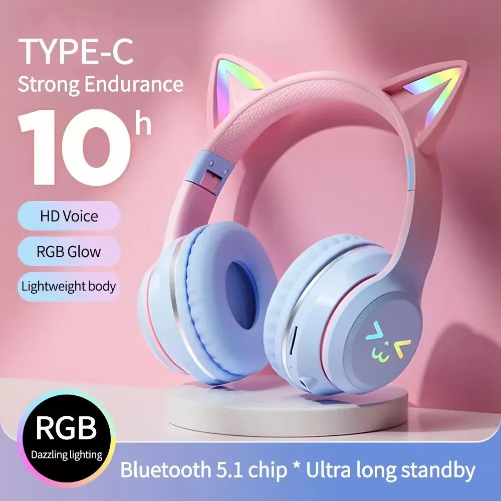 RGB Glow Earphones Wireless Earbuds 5.3 Cat Ear Bluetooth