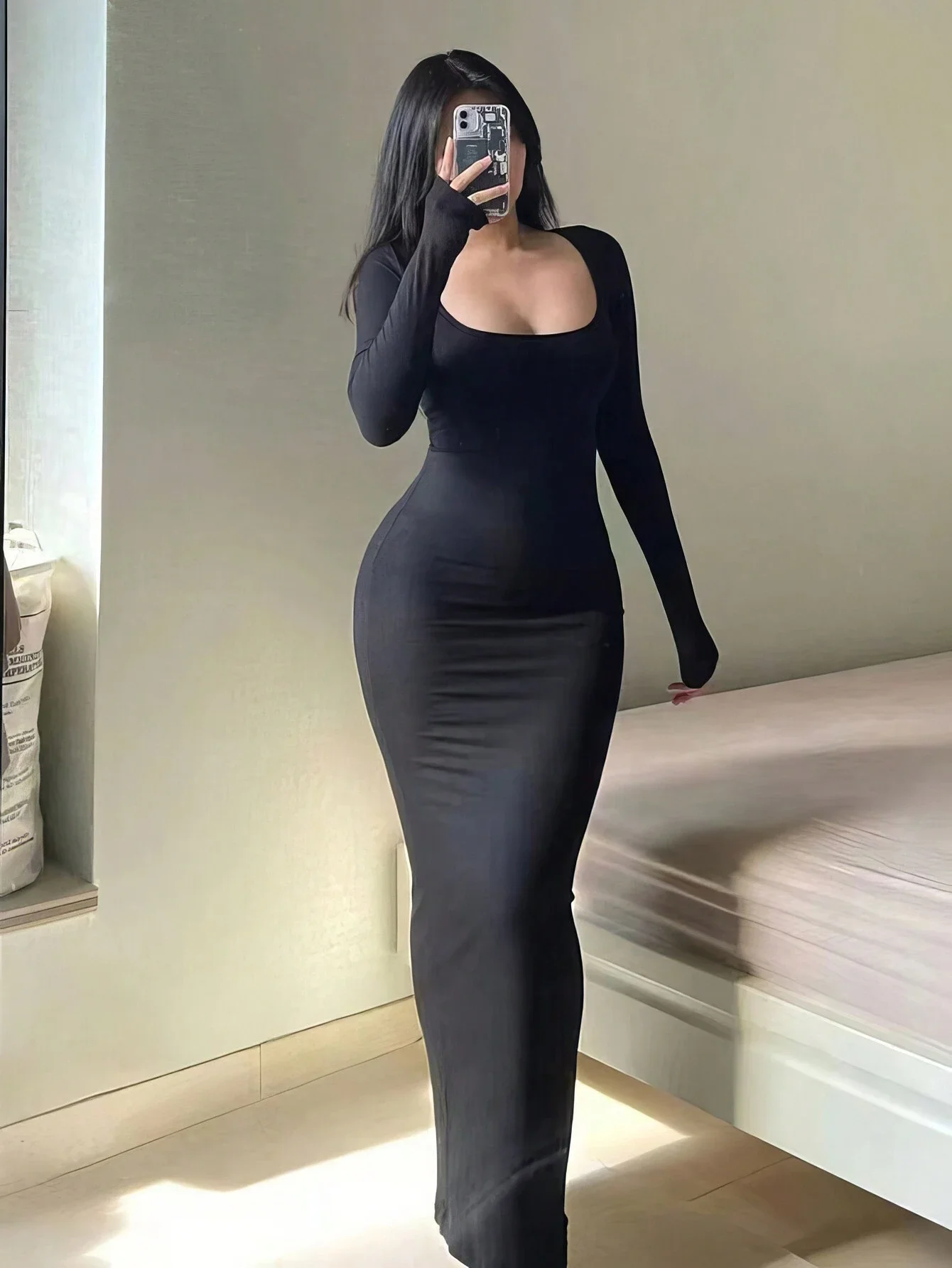 Women' Solid Long Sleeve Bodycon Dress, Chic Basic