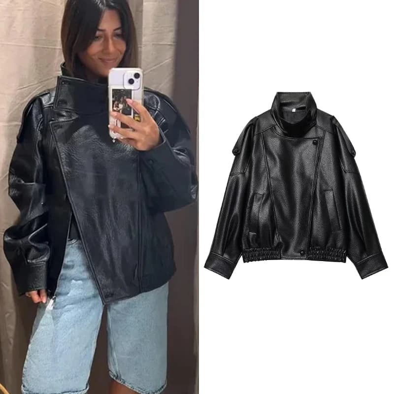 TFMLN Chic Black Faux Leather Jackets Women Long Sleeve