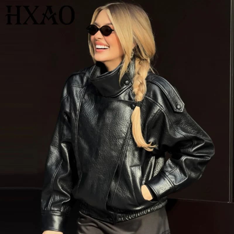 HXAO New Arrival Women's Bomber Jacket Leather Black