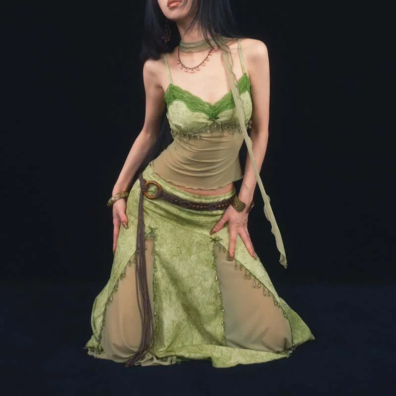 The waist chain laid flat, showing the full length with brown beads, gold-toned connectors and adjustable clasp