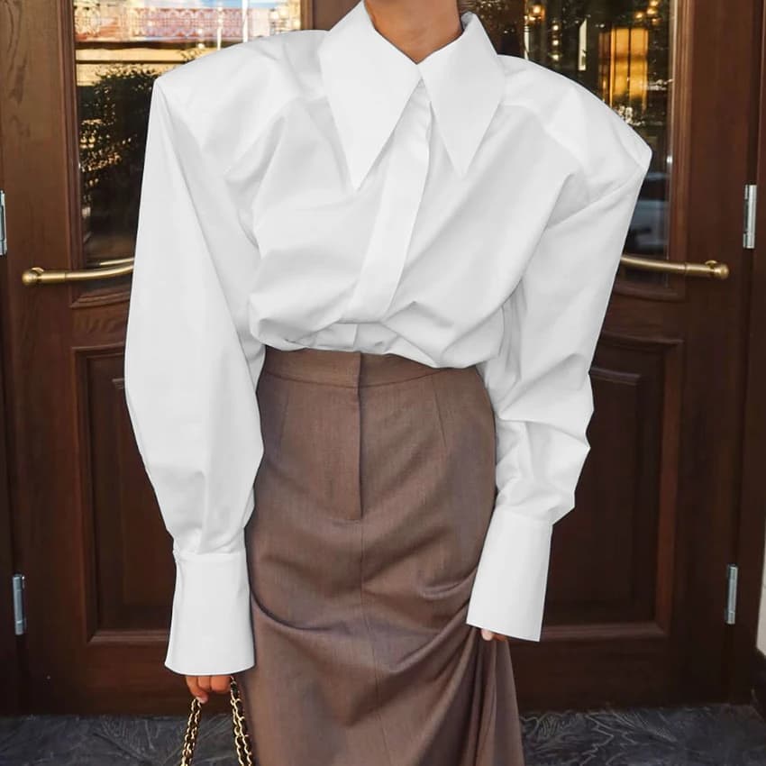 Linad Autumn Elegant White Puff Sleeve Shirt Office Lady