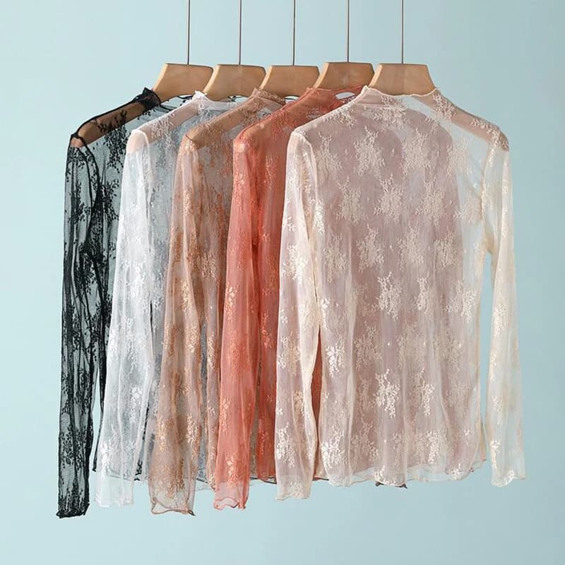 Sexy Women Mesh T-Shirts Transparent Lace Blouse Long