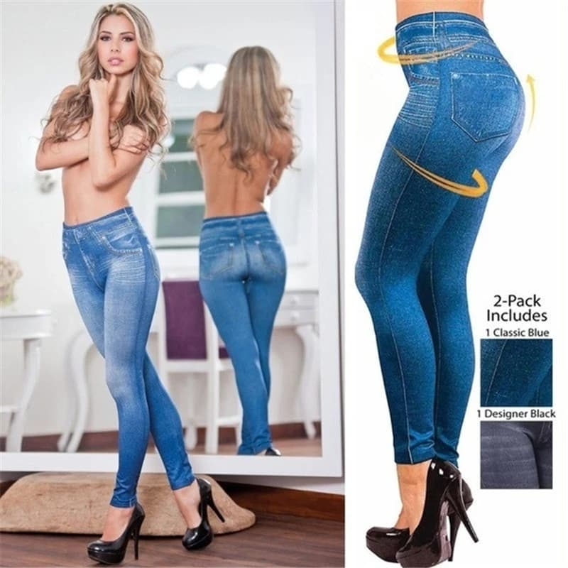 Woman wearing high-waisted faux denim workout leggings for staying active and fit over 40