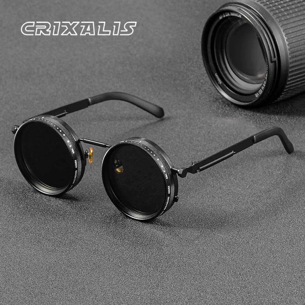 Polarized round sunglasses shown in natural daylight with dimming lens