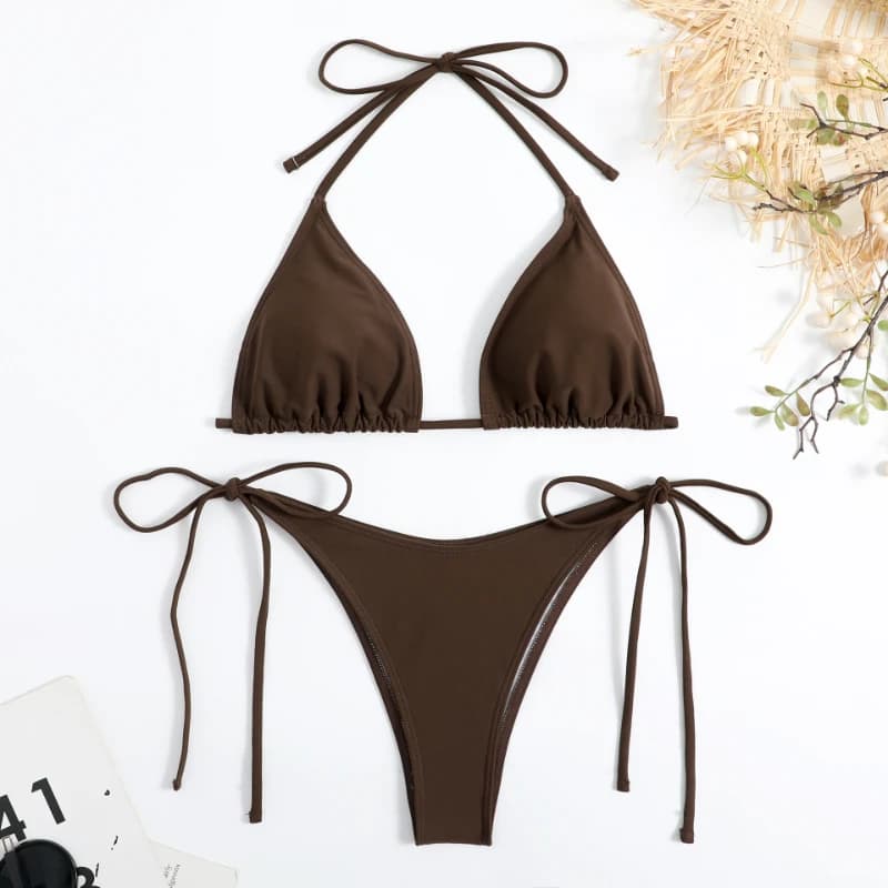 Women solid colour bikini set with halter tie and adjustable straps for British summer beach days