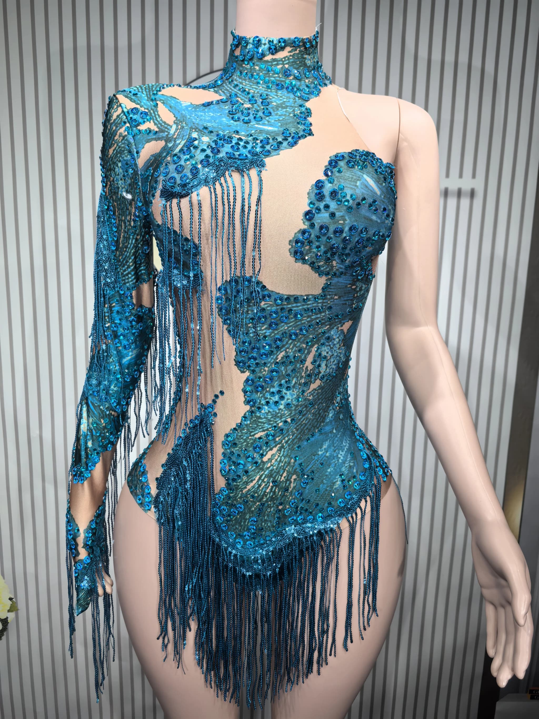 Sexy Skinny Leotard Singer Dancer Show StageWear Sparkly Blue Rhinestones Women Dance Costume Fringes One Shoulder Bodysuit