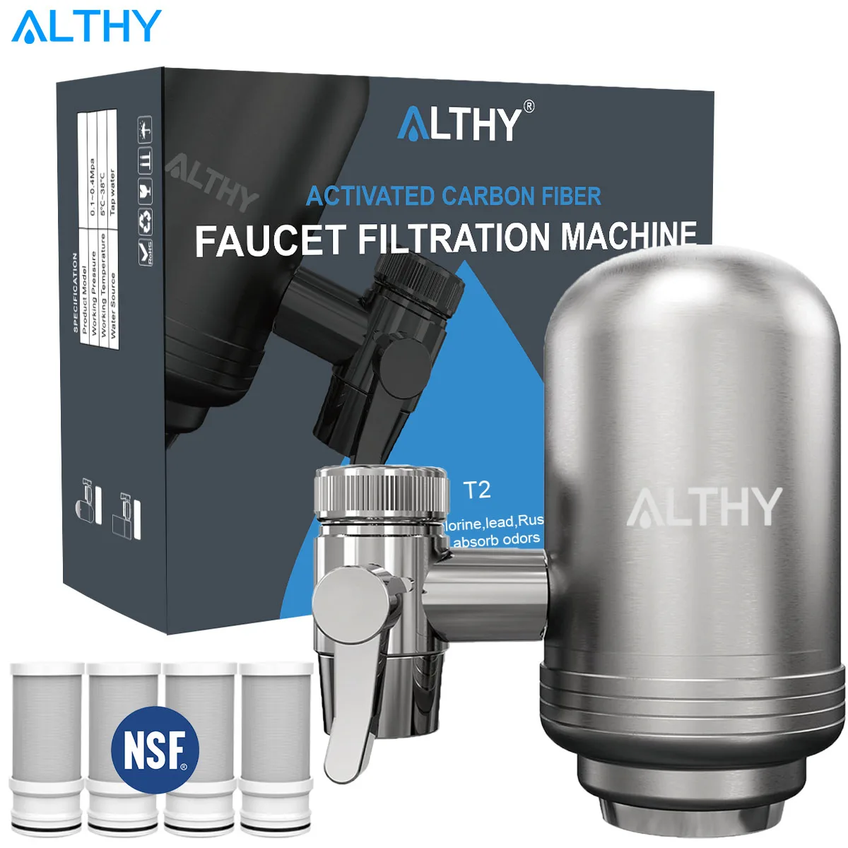 ALTHY Stainless Steel Faucet Tap Water Filter Purifier System, NSF Certified Reduces Lead, Chlorine and Bad Taste Kitchen
