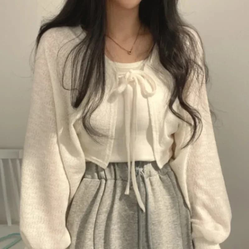 White sunscreen cardigan for summer - lightweight knitwear with lantern sleeves