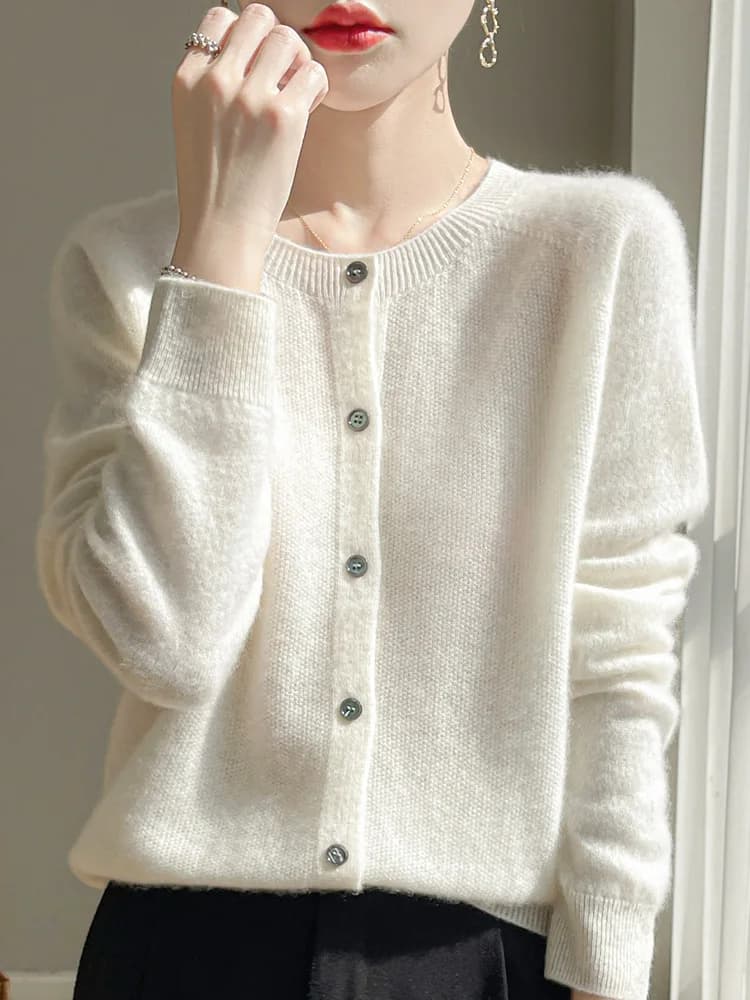 Women 100% Merino Wool Cardigan Soft O-Neck Cashmere Sweater
