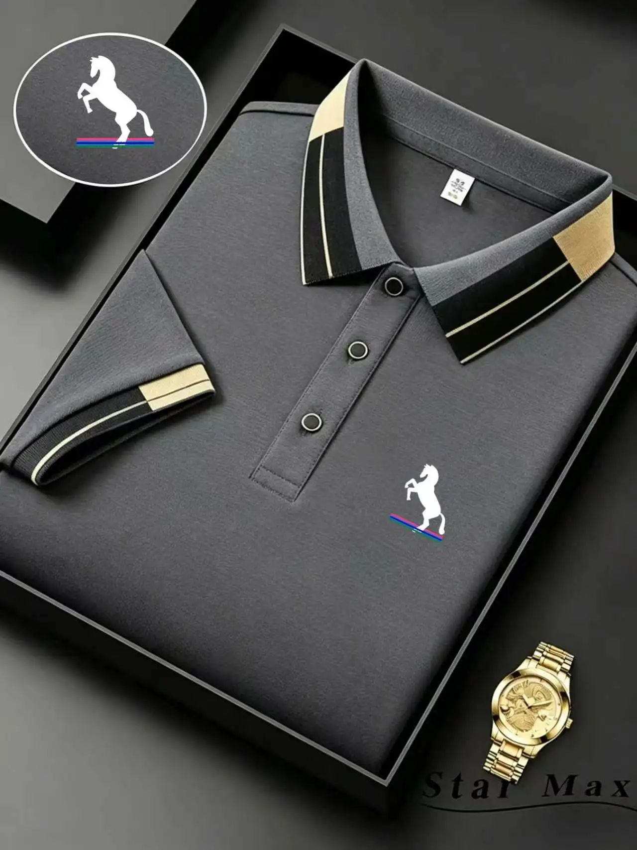 Men' Short Sleeve Polo Shirt with Horse