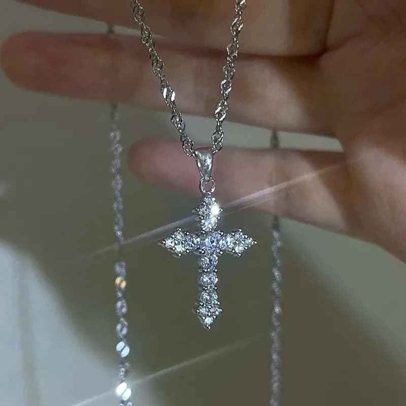 Shiny Crystal Zircon Cross Pendant Necklace for Women