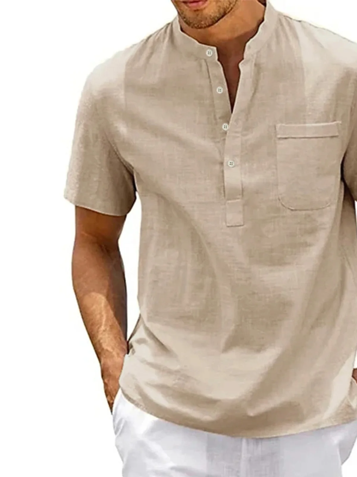 Cotton Linen Henley Shirt - Short Sleeve Casual Beach Top