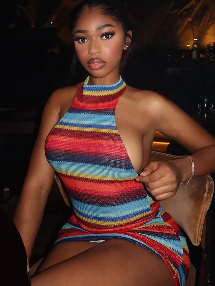 Kliou Stripe Patchwork Mini Dress — bandage-style halter off-shoulder design in dark brown