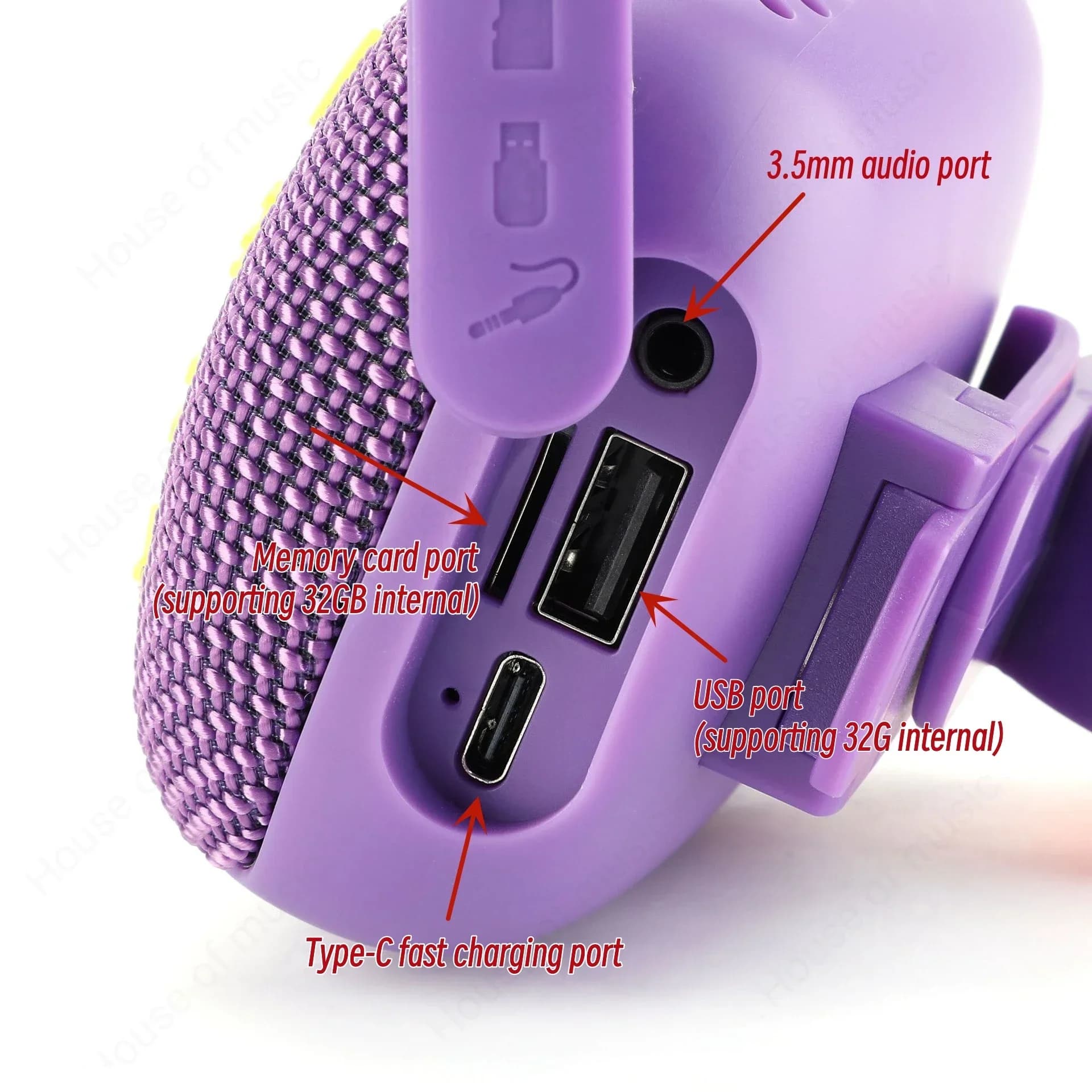 Side view of TG392 Bluetooth speaker showing mounting bracket and strap