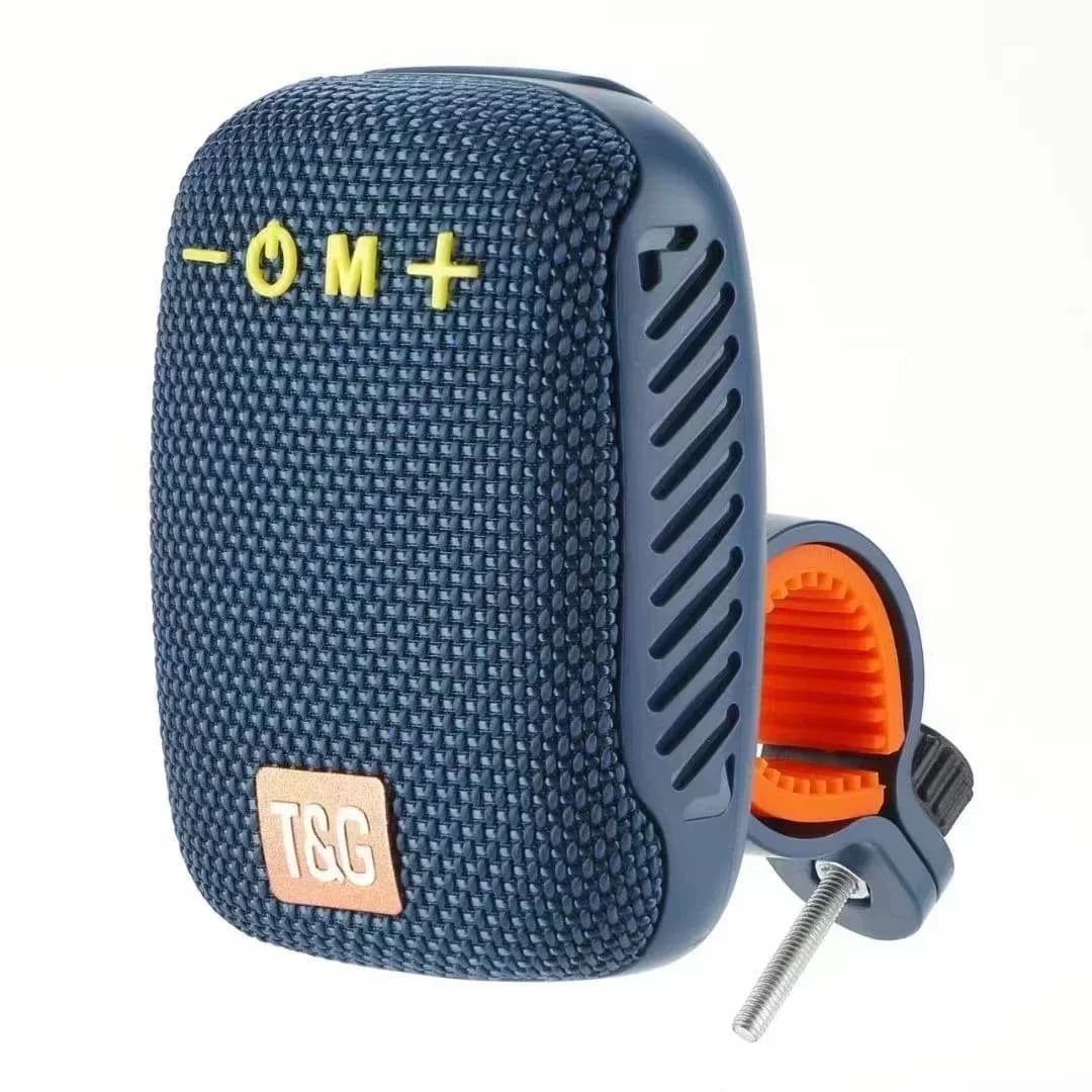 TG392 speaker with silicone mounting strap visible, attached to handlebar