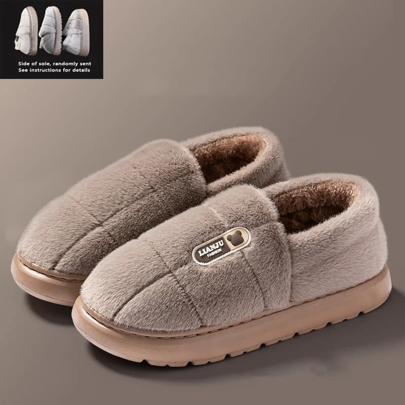 Men's plush slippers shown in both brown and gray colour options